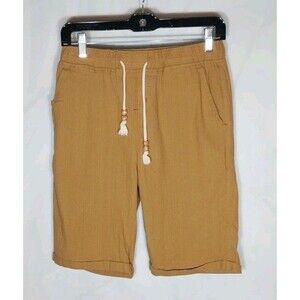 High Rise Linen Blend Bermuda Shorts XS Khaki Drawstring Boho